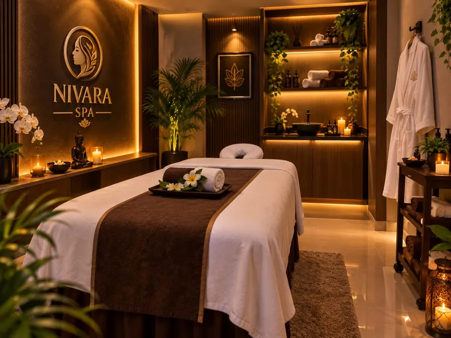 NIVARA SPA massage room with candles, plants and warm lighting