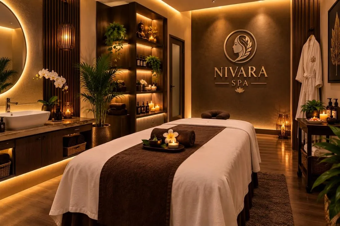 NIVARA SPA relaxation room with massage bed, towels and warm lighting